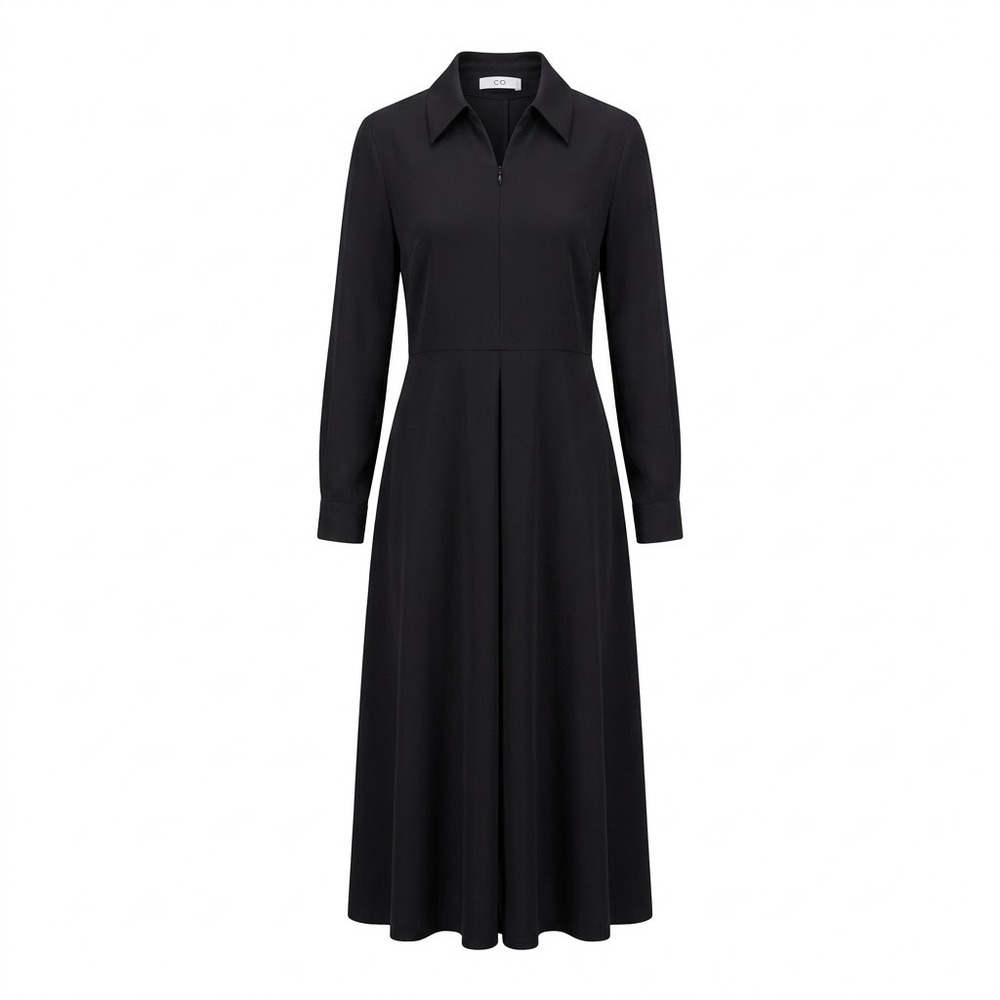 CO Collection Women's Long Sleeve Black Midi A-Line Shirtdress Designer M Medium